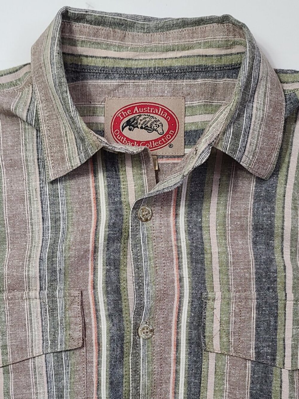 Vtg Australian Outback Collection Hemp Cotton Brown Green Stripe Shirt Sz Large